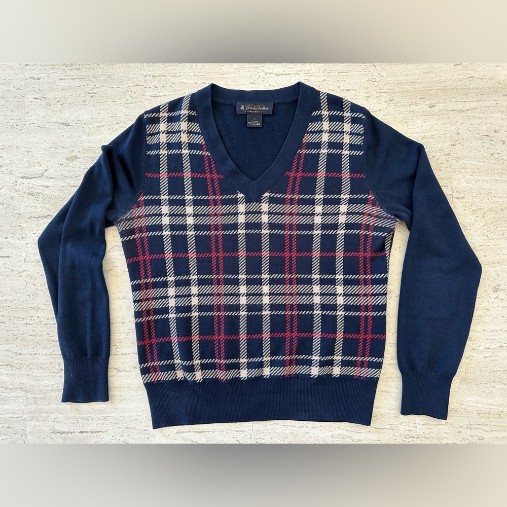 Brooks Brothers Silk/Cashmere Blend V-Neck Sweater in Navy/Tan/Red Plaid, Size M